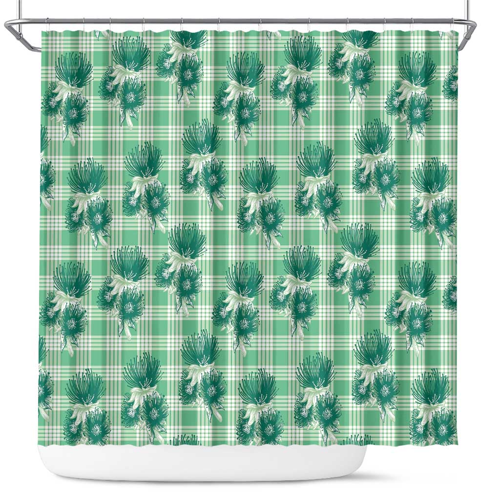 Green Palaka Hawaii Shower Curtain Hawaiian Lehua Blossoms