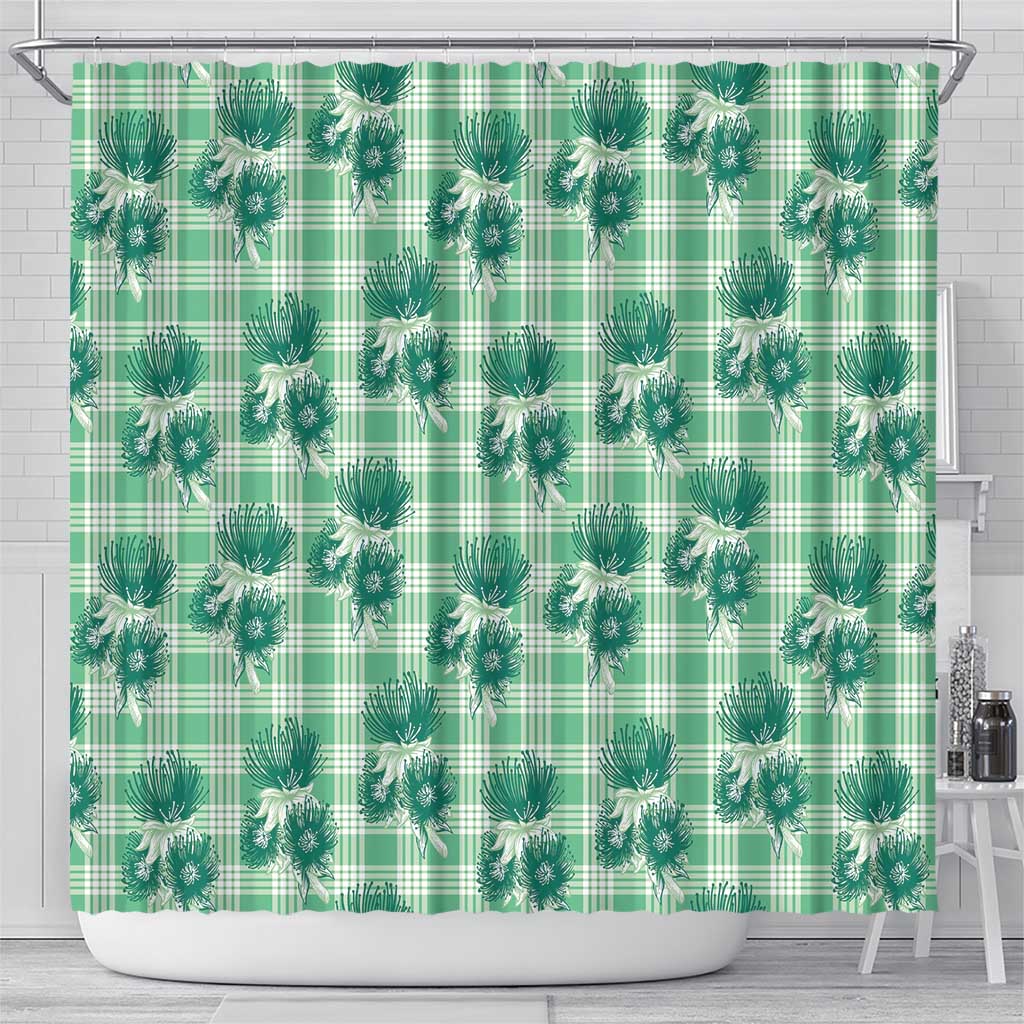 Green Palaka Hawaii Shower Curtain Hawaiian Lehua Blossoms