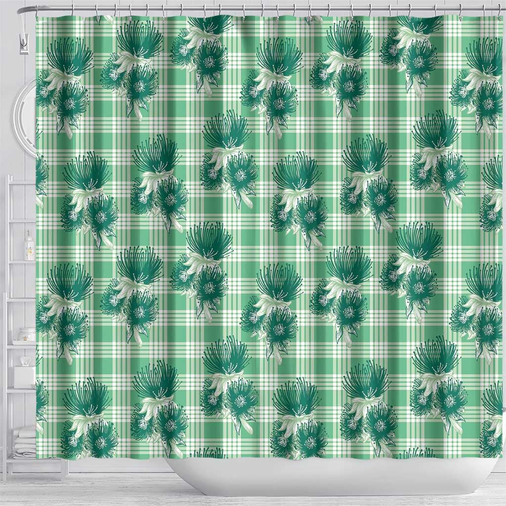 Green Palaka Hawaii Shower Curtain Hawaiian Lehua Blossoms