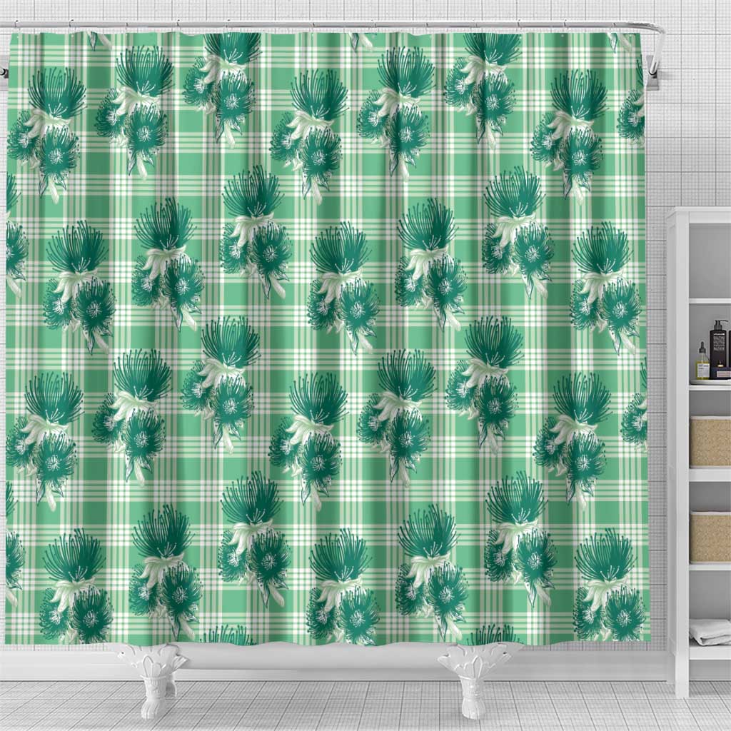 Green Palaka Hawaii Shower Curtain Hawaiian Lehua Blossoms