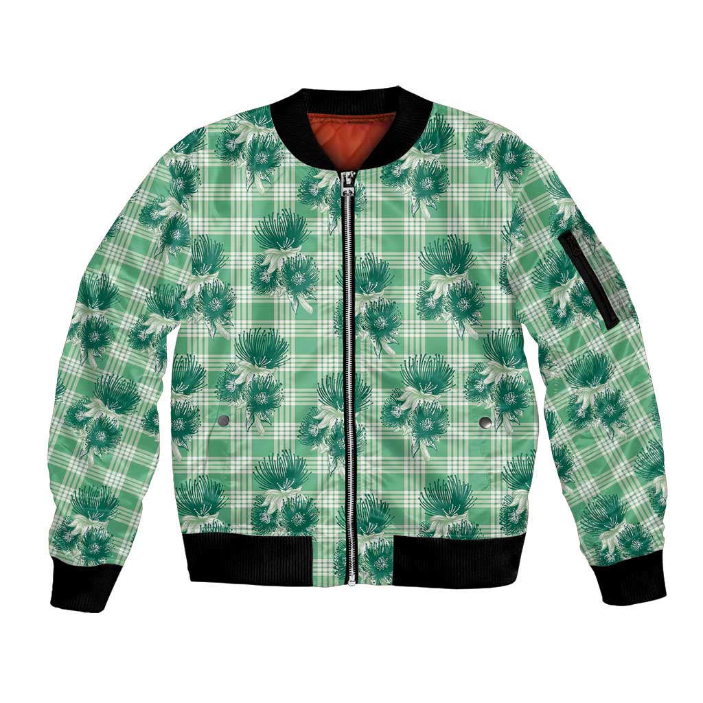 Green Palaka Hawaii Sleeve Zip Bomber Jacket Hawaiian Lehua Blossoms LT05 Unisex Green - Polynesian Pride