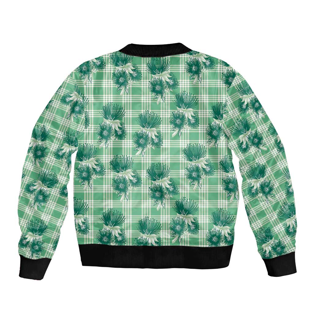 Green Palaka Hawaii Sleeve Zip Bomber Jacket Hawaiian Lehua Blossoms LT05 - Polynesian Pride