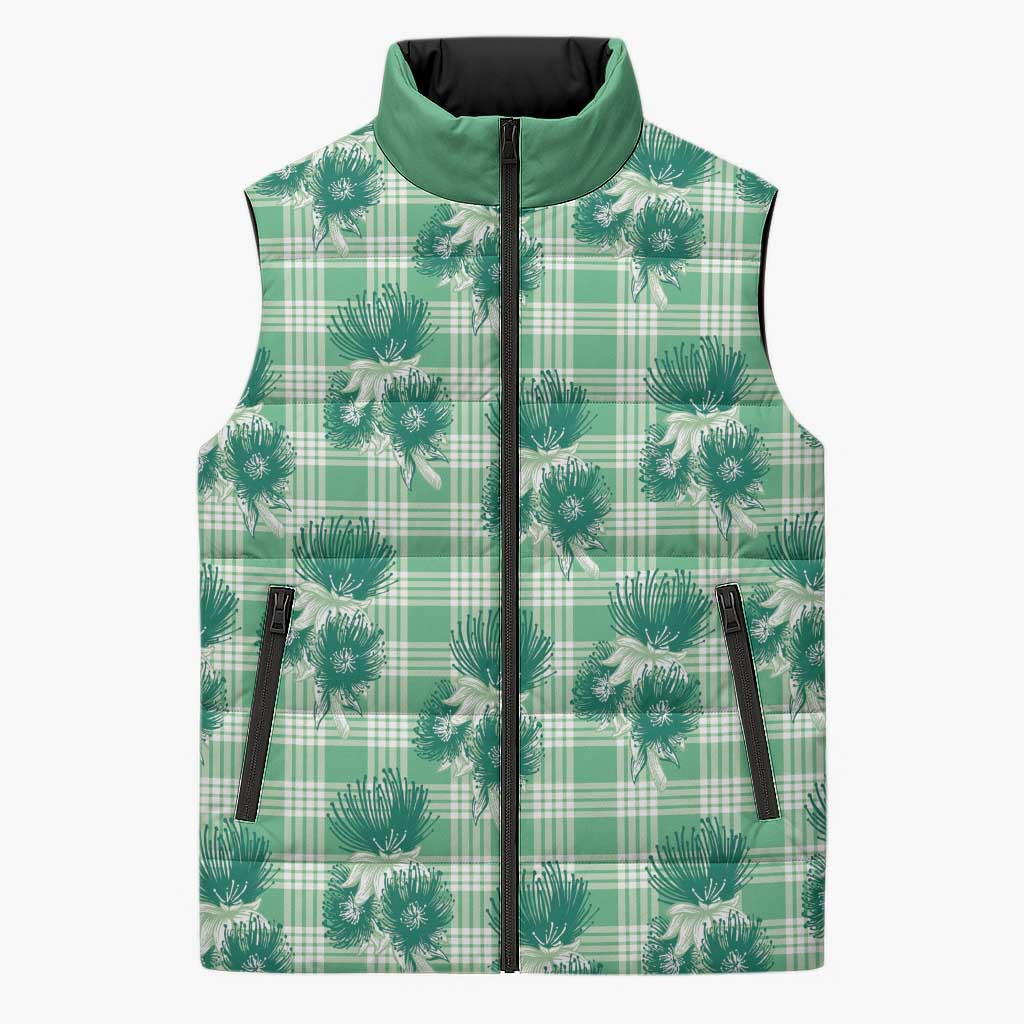 Green Palaka Hawaii Sleeveless Puffer Jacket Hawaiian Lehua Blossoms LT05 Unisex Green - Polynesian Pride