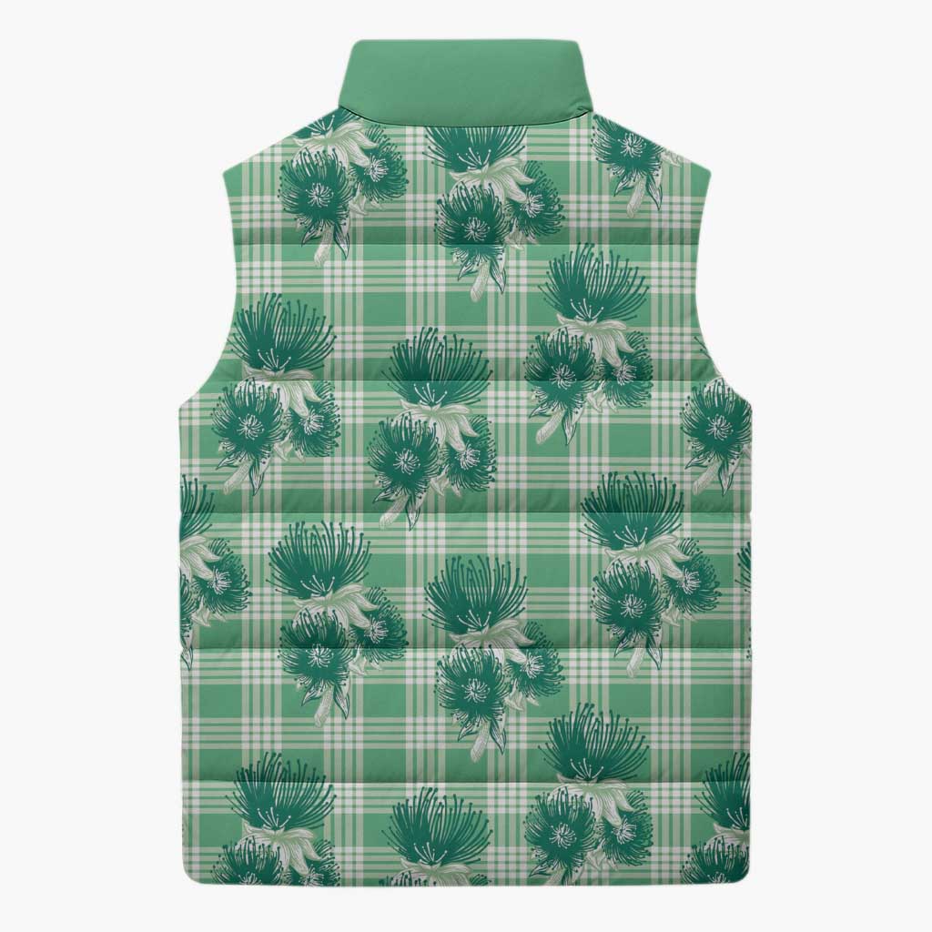 Green Palaka Hawaii Sleeveless Puffer Jacket Hawaiian Lehua Blossoms LT05 - Polynesian Pride