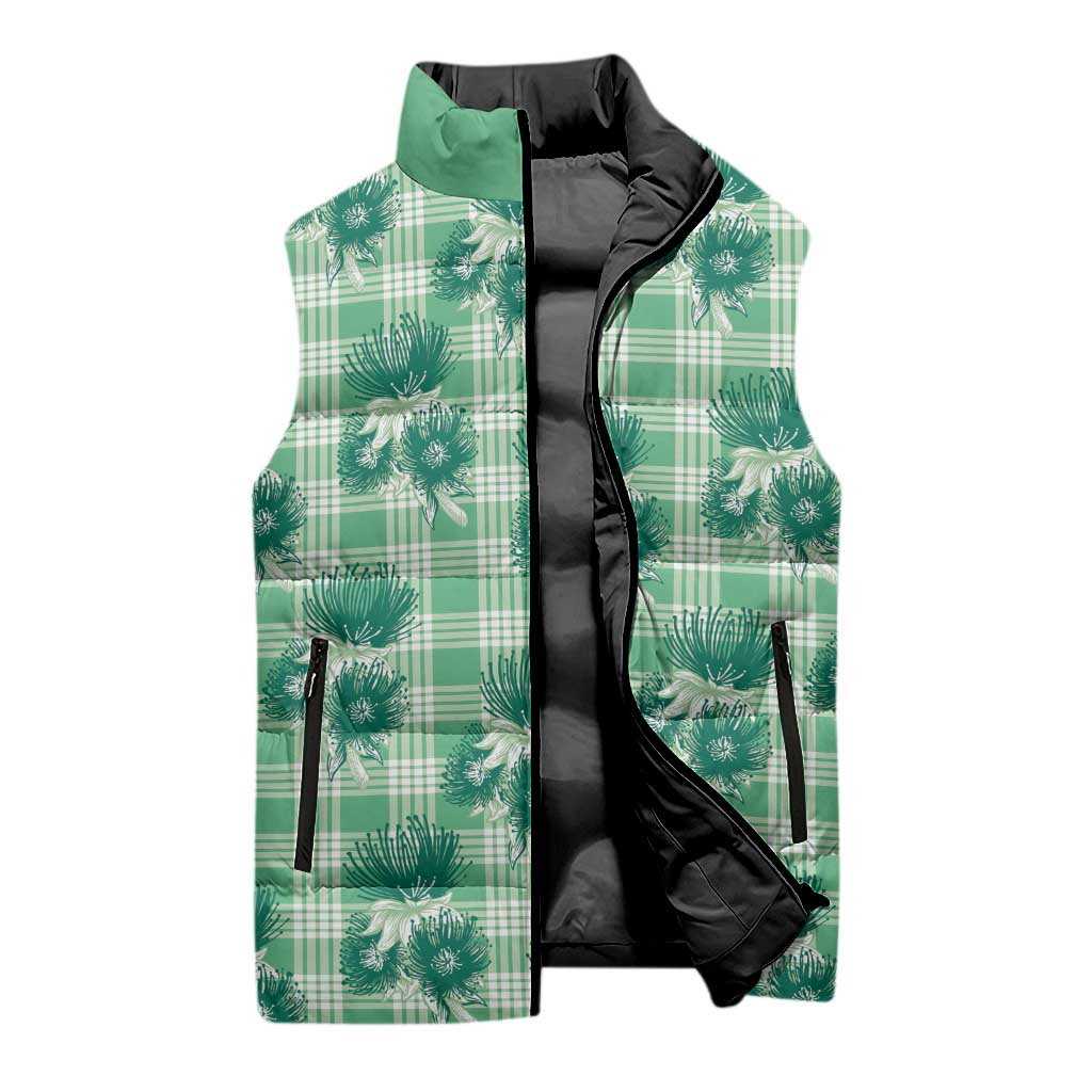 Green Palaka Hawaii Sleeveless Puffer Jacket Hawaiian Lehua Blossoms LT05 - Polynesian Pride