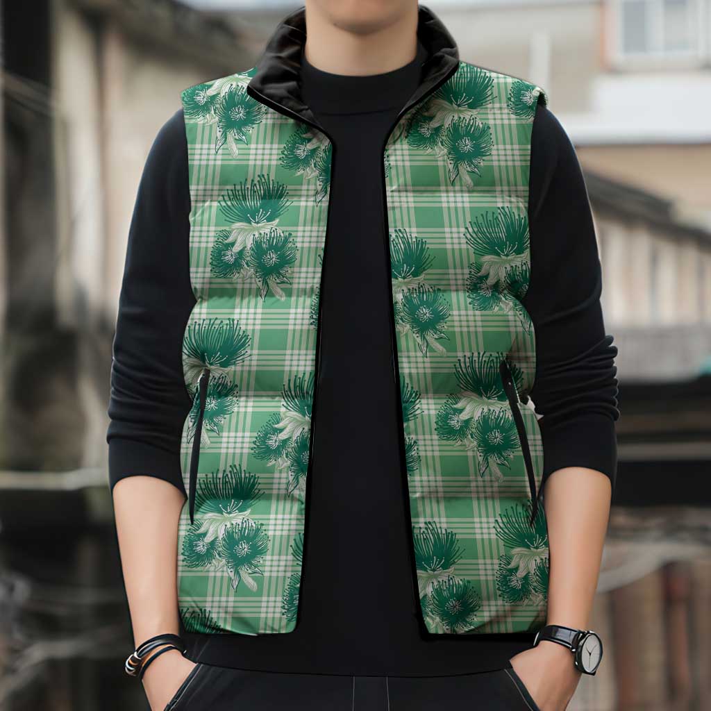 Green Palaka Hawaii Sleeveless Puffer Jacket Hawaiian Lehua Blossoms LT05 - Polynesian Pride