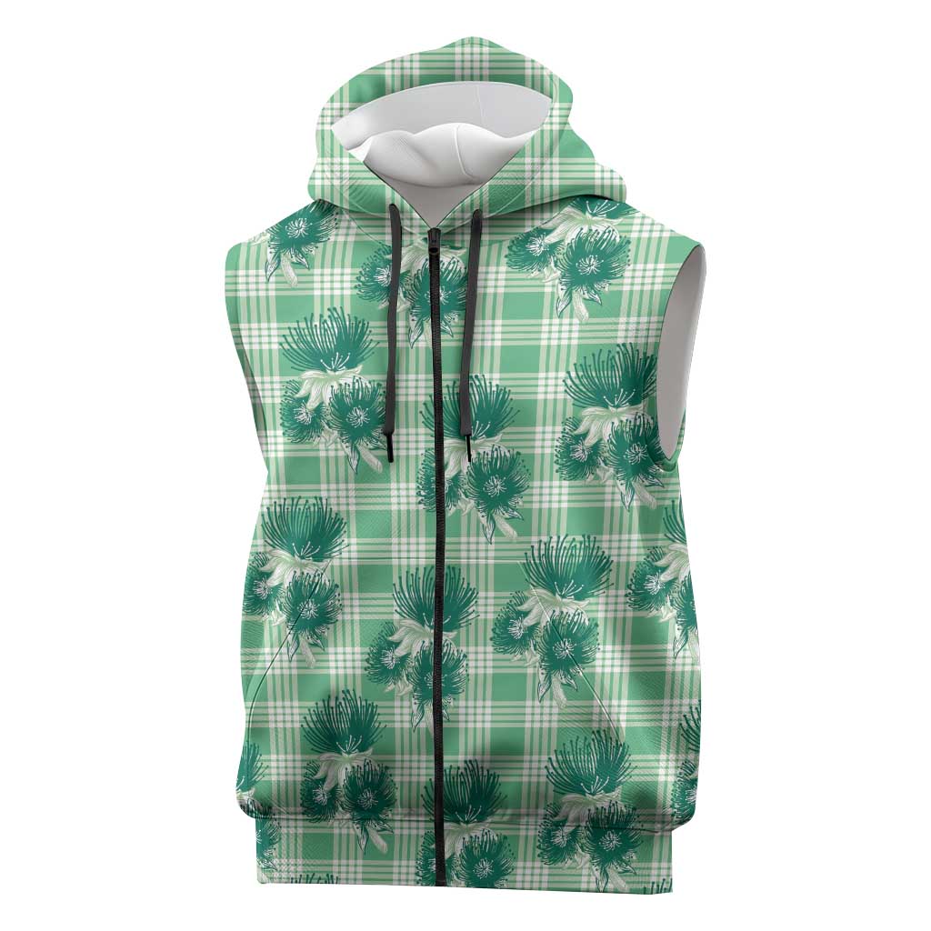 Green Palaka Hawaii Sleeveless Zip Hoodie Hawaiian Lehua Blossoms LT05 Green - Polynesian Pride