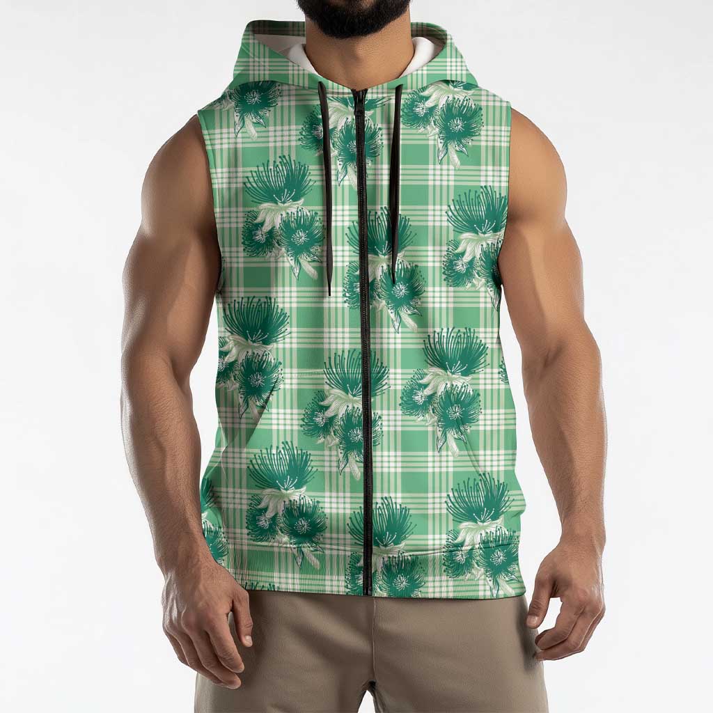Green Palaka Hawaii Sleeveless Zip Hoodie Hawaiian Lehua Blossoms LT05 - Polynesian Pride