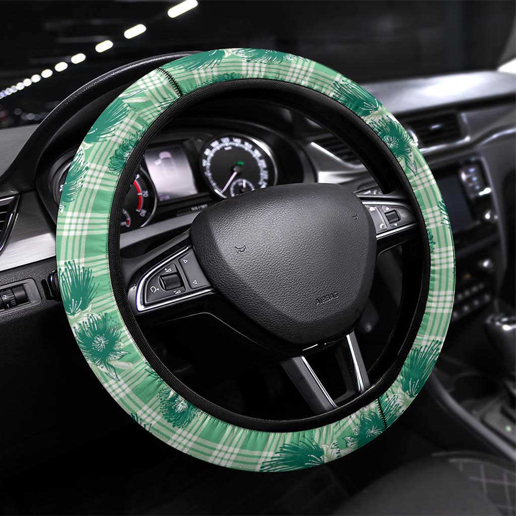 Green Palaka Hawaii Steering Wheel Cover Hawaiian Lehua Blossoms LT05 Universal Fit Green - Polynesian Pride