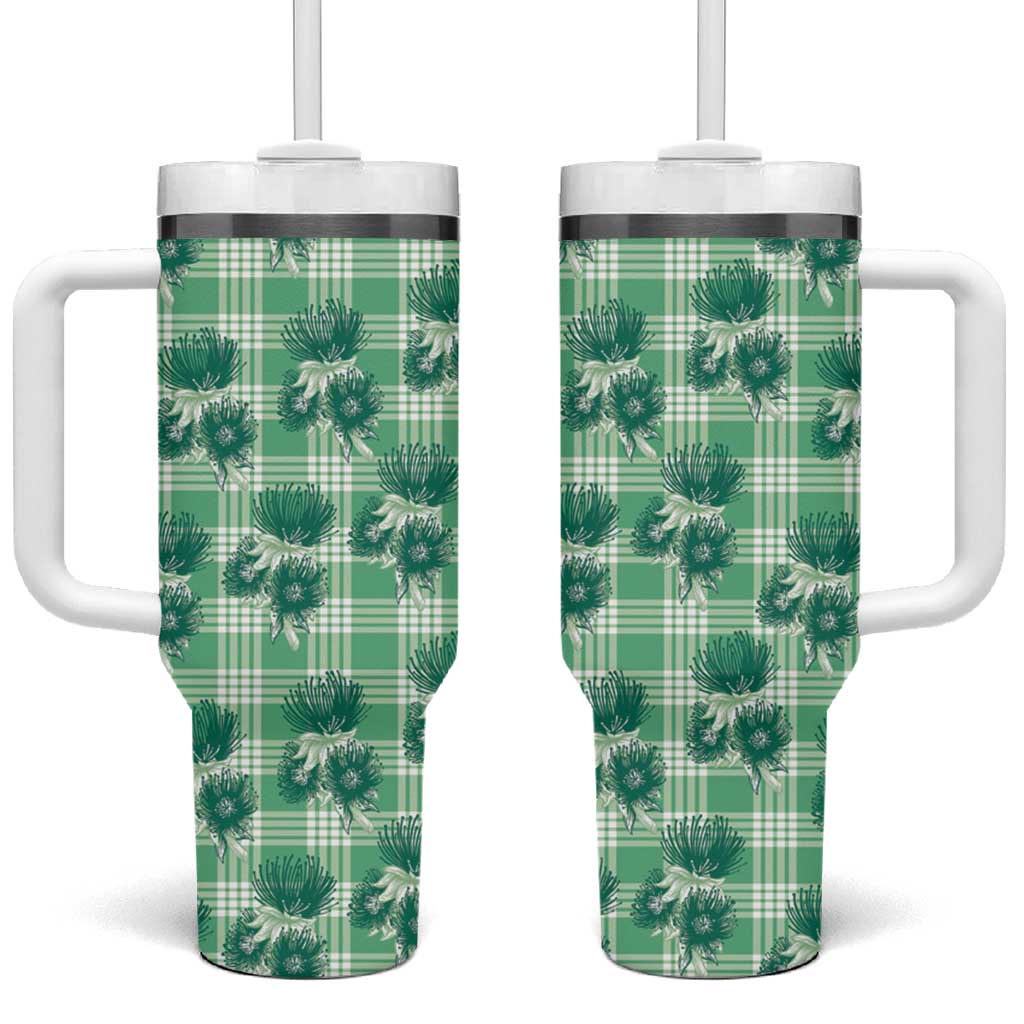 Green Palaka Hawaii Tumbler With Handle Hawaiian Lehua Blossoms LT05 One Size: 40 oz Green - Polynesian Pride
