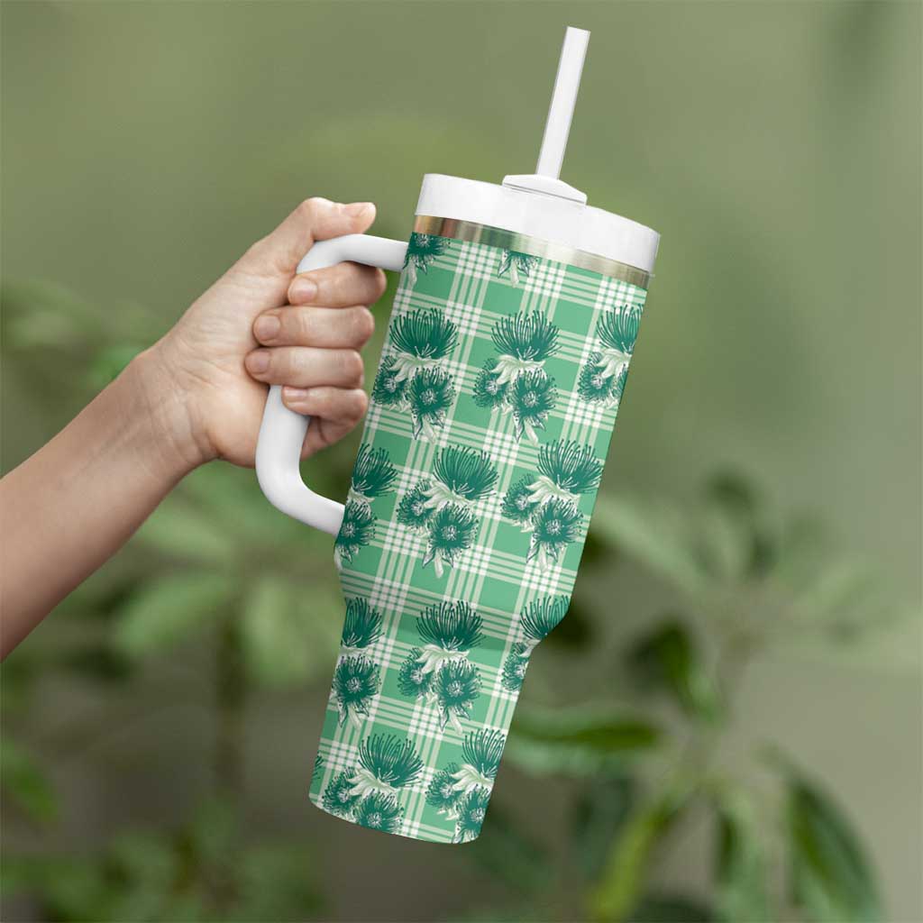 Green Palaka Hawaii Tumbler With Handle Hawaiian Lehua Blossoms LT05 - Polynesian Pride