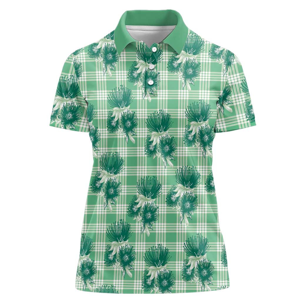 Green Palaka Hawaii Women Polo Shirt Hawaiian Lehua Blossoms