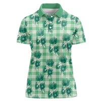 Green Palaka Hawaii Women Polo Shirt Hawaiian Lehua Blossoms