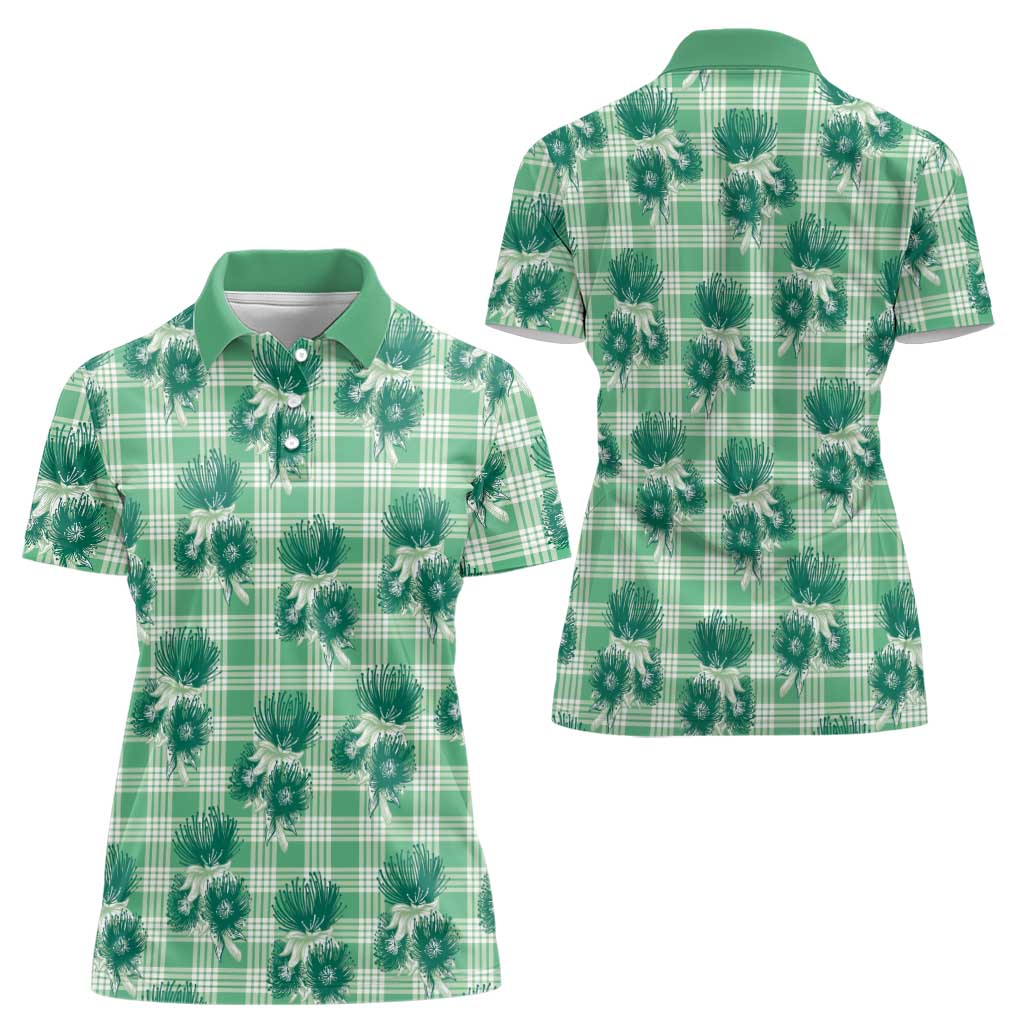 Green Palaka Hawaii Women Polo Shirt Hawaiian Lehua Blossoms