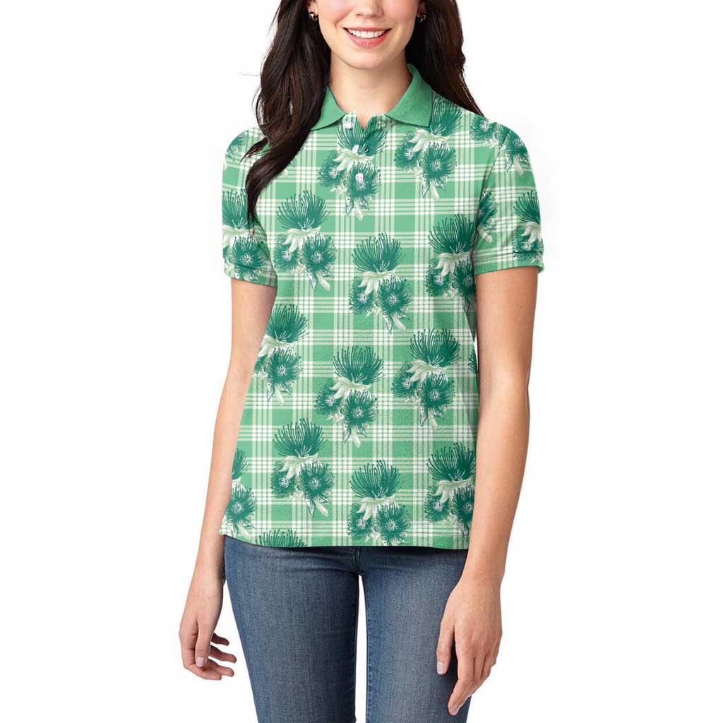 Green Palaka Hawaii Women Polo Shirt Hawaiian Lehua Blossoms