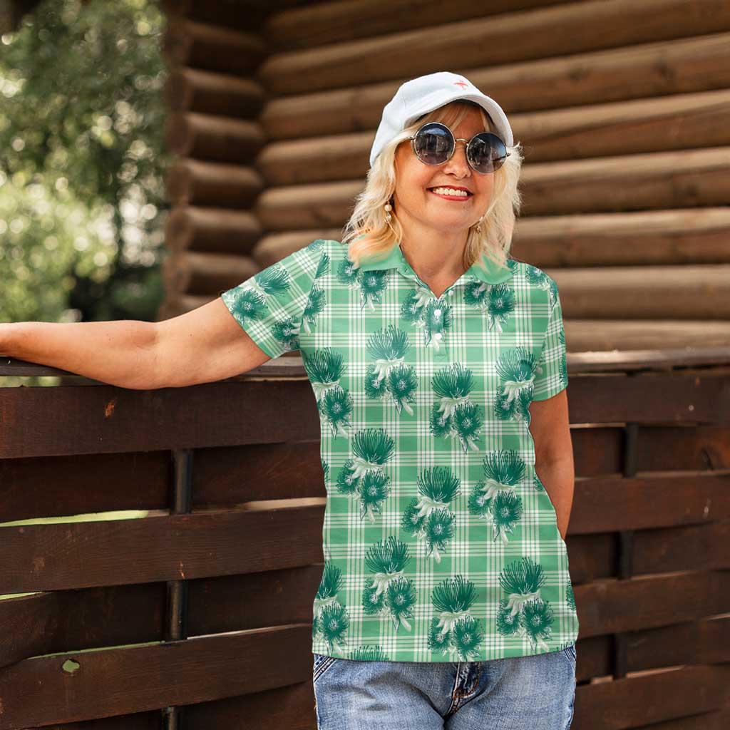 Green Palaka Hawaii Women Polo Shirt Hawaiian Lehua Blossoms