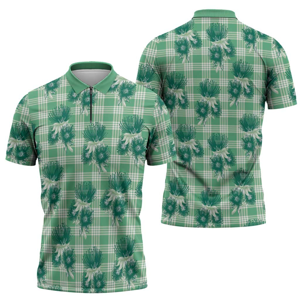 Green Palaka Hawaii Zipper Polo Shirt Hawaiian Lehua Blossoms LT05 - Polynesian Pride