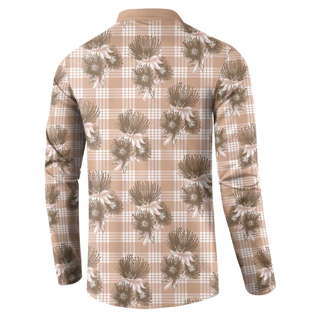 Brown Palaka Hawaii Button Sweatshirt Hawaiian Lehua Blossoms LT05 - Polynesian Pride