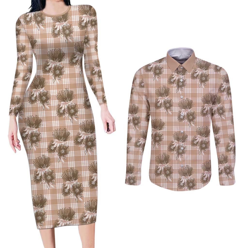 Brown Palaka Hawaii Couples Matching Long Sleeve Bodycon Dress and Long Sleeve Button Shirt Hawaiian Lehua Blossoms LT05 Brown - Polynesian Pride