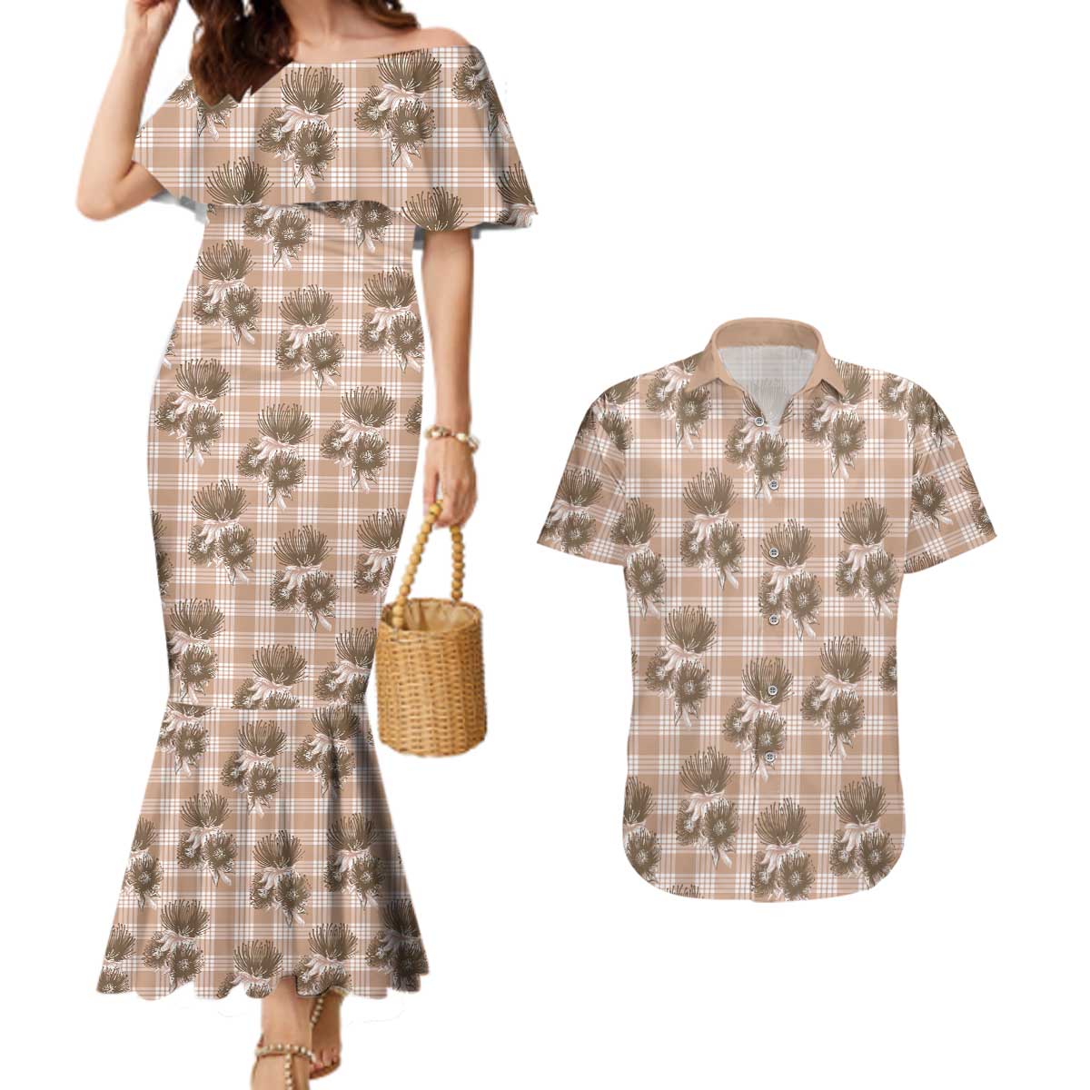 Brown Palaka Hawaii Couples Matching Mermaid Dress and Hawaiian Shirt Hawaiian Lehua Blossoms LT05 Brown - Polynesian Pride