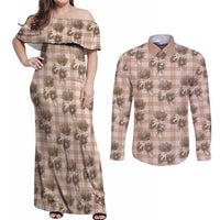Brown Palaka Hawaii Couples Matching Off Shoulder Maxi Dress and Long Sleeve Button Shirt Hawaiian Lehua Blossoms LT05 Brown - Polynesian Pride