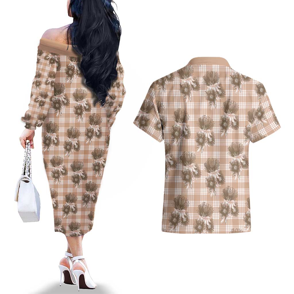 Brown Palaka Hawaii Couples Matching Off The Shoulder Long Sleeve Dress and Hawaiian Shirt Hawaiian Lehua Blossoms
