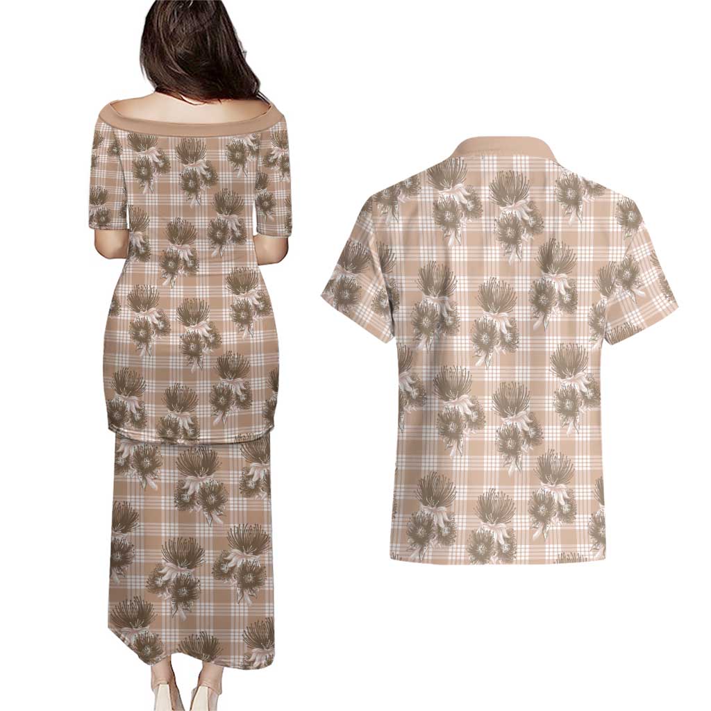 Brown Palaka Hawaii Couples Matching Puletasi and Hawaiian Shirt Hawaiian Lehua Blossoms LT05 - Polynesian Pride
