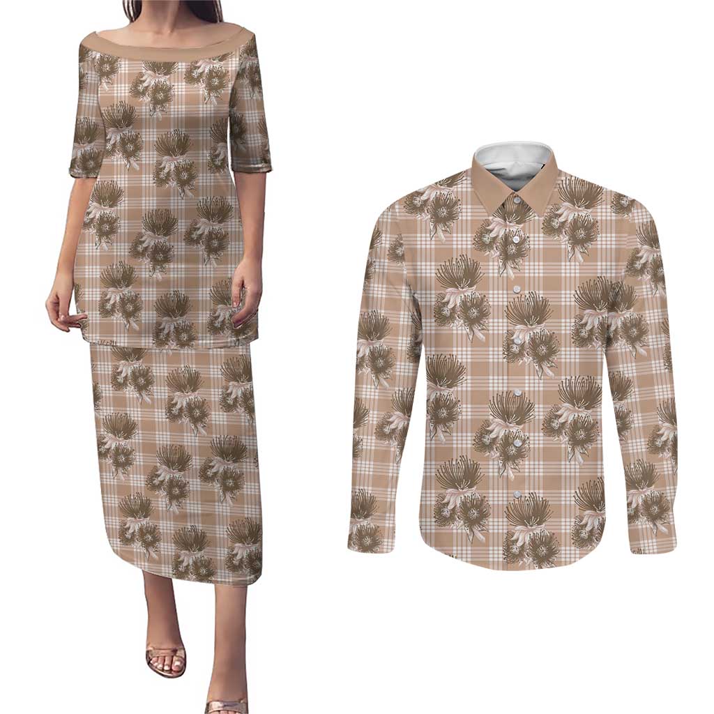 Brown Palaka Hawaii Couples Matching Puletasi and Long Sleeve Button Shirt Hawaiian Lehua Blossoms LT05 Brown - Polynesian Pride