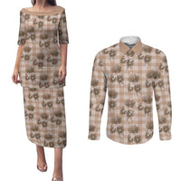 Brown Palaka Hawaii Couples Matching Puletasi and Long Sleeve Button Shirt Hawaiian Lehua Blossoms LT05 Brown - Polynesian Pride