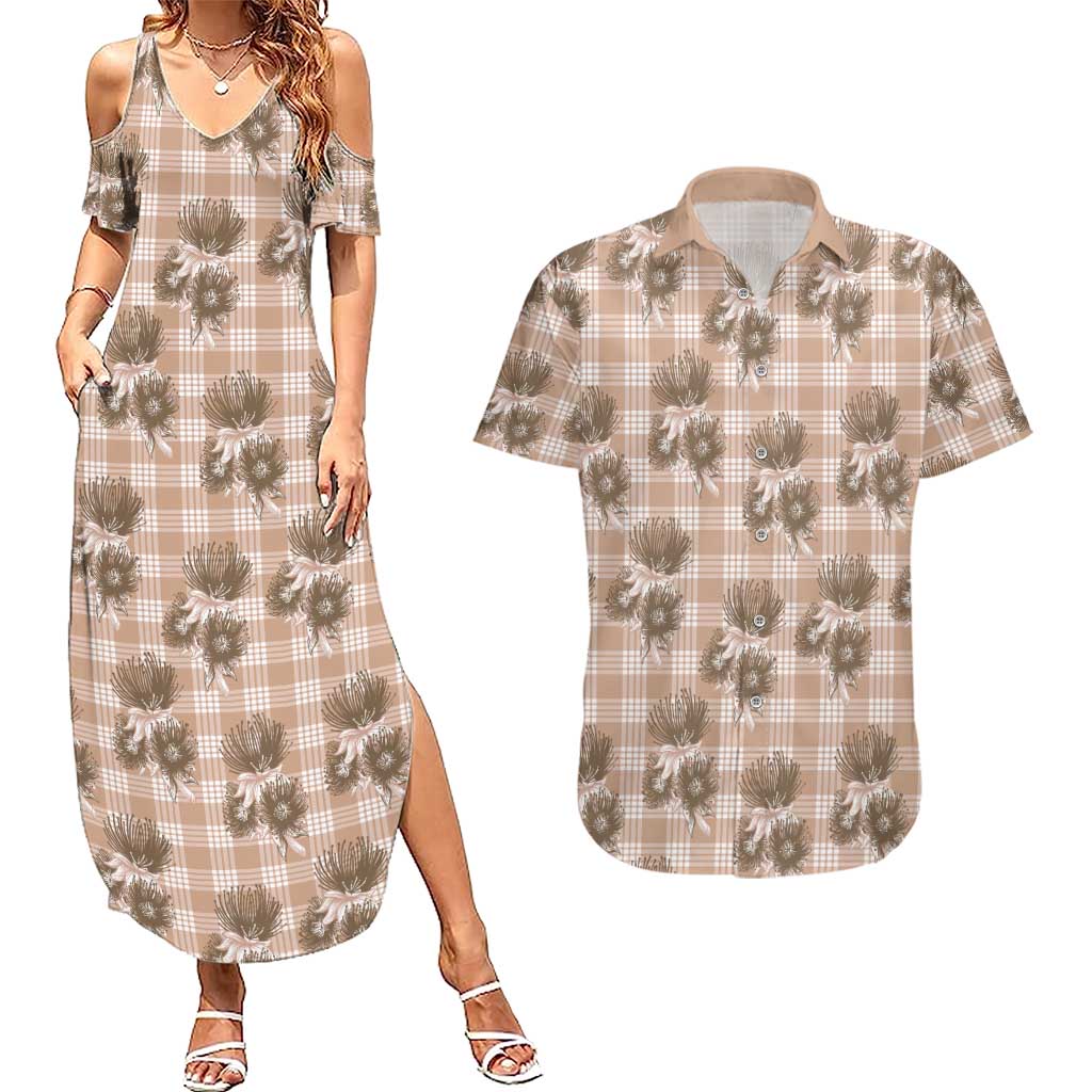 Brown Palaka Hawaii Couples Matching Summer Maxi Dress and Hawaiian Shirt Hawaiian Lehua Blossoms