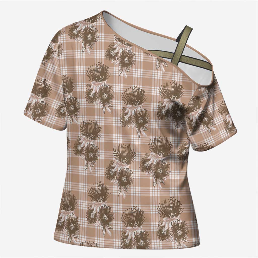 Brown Palaka Hawaii Cross Shoulder Shirt Hawaiian Lehua Blossoms
