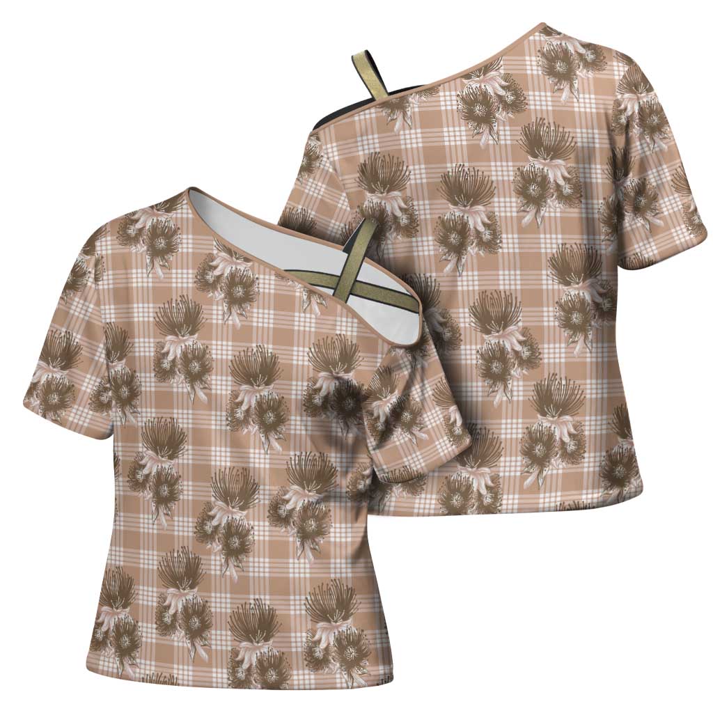Brown Palaka Hawaii Cross Shoulder Shirt Hawaiian Lehua Blossoms