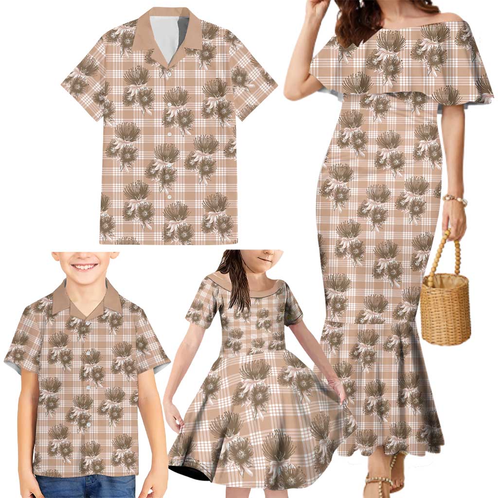 Brown Palaka Hawaii Family Matching Mermaid Dress and Hawaiian Shirt Hawaiian Lehua Blossoms