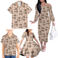 Brown Palaka Hawaii Family Matching Off The Shoulder Long Sleeve Dress and Hawaiian Shirt Hawaiian Lehua Blossoms
