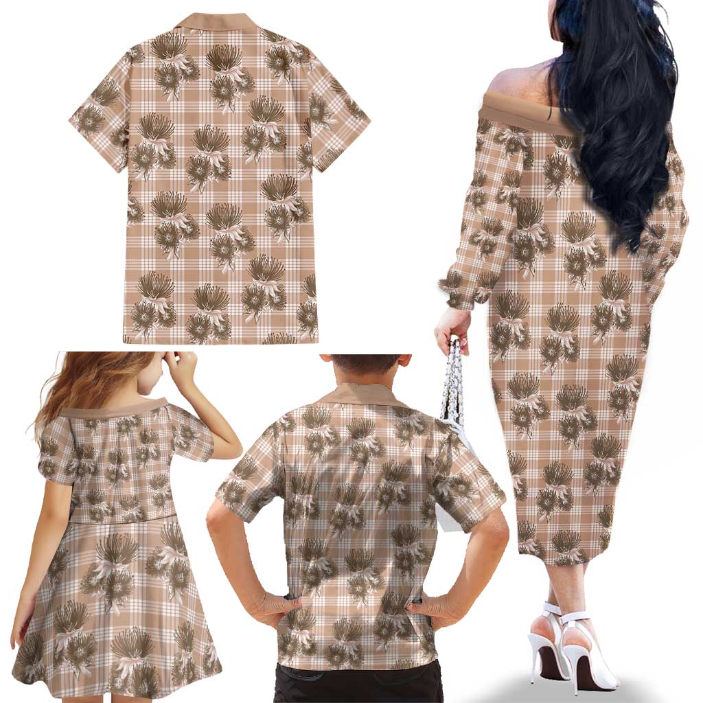 Brown Palaka Hawaii Family Matching Off The Shoulder Long Sleeve Dress and Hawaiian Shirt Hawaiian Lehua Blossoms