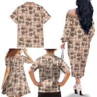 Brown Palaka Hawaii Family Matching Off The Shoulder Long Sleeve Dress and Hawaiian Shirt Hawaiian Lehua Blossoms