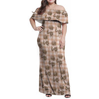 Brown Palaka Hawaii Family Matching Off Shoulder Maxi Dress and Hawaiian Shirt Hawaiian Lehua Blossoms