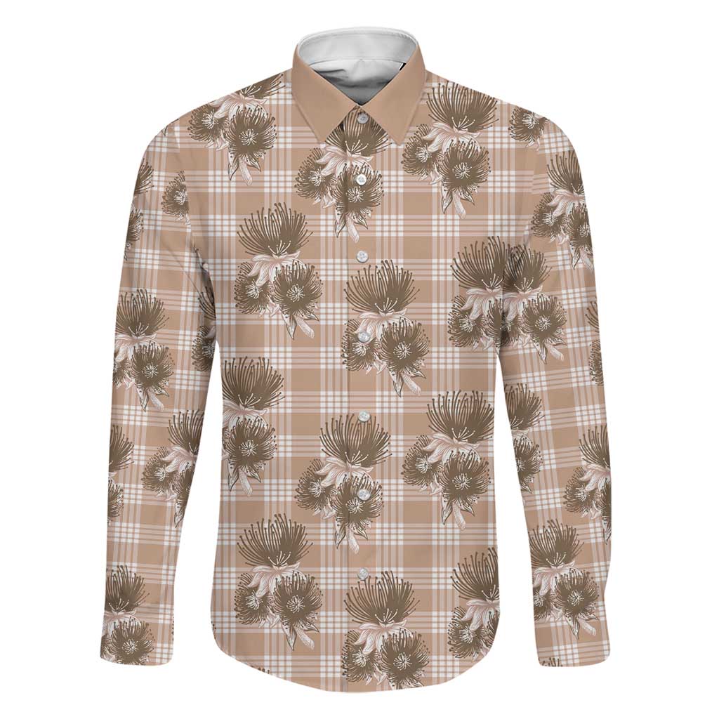 Brown Palaka Hawaii Family Matching Off Shoulder Short Dress and Hawaiian Shirt Hawaiian Lehua Blossoms