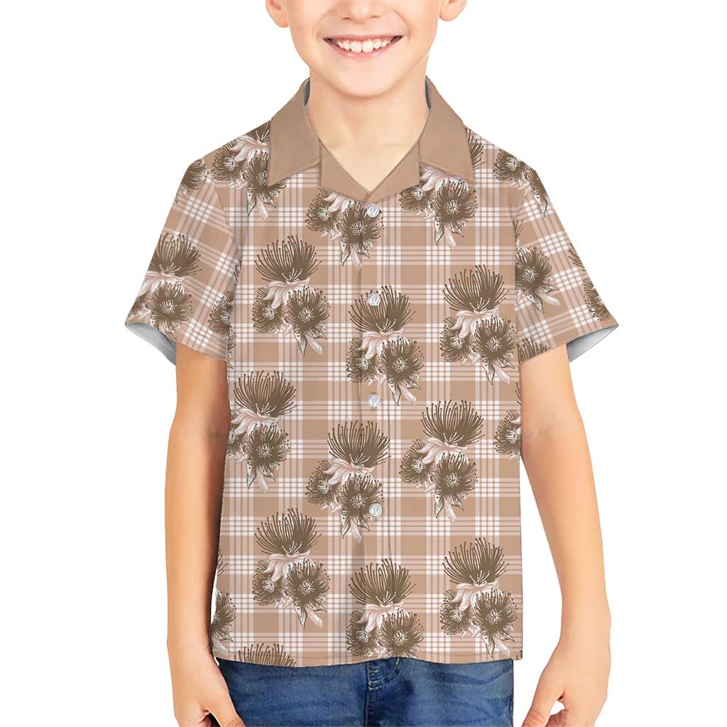 Brown Palaka Hawaii Family Matching Off Shoulder Short Dress and Hawaiian Shirt Hawaiian Lehua Blossoms