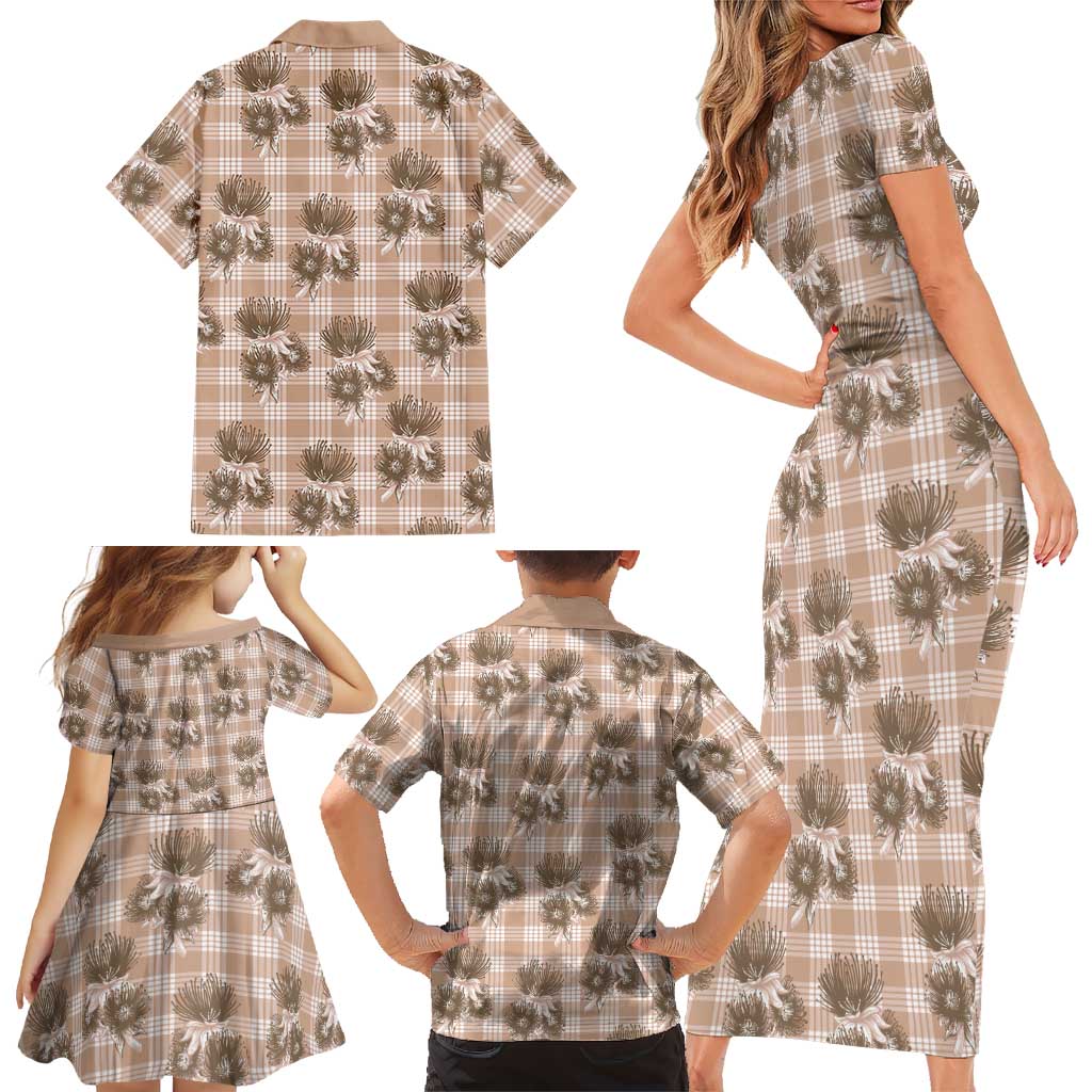 Brown Palaka Hawaii Family Matching Short Sleeve Bodycon Dress and Hawaiian Shirt Hawaiian Lehua Blossoms