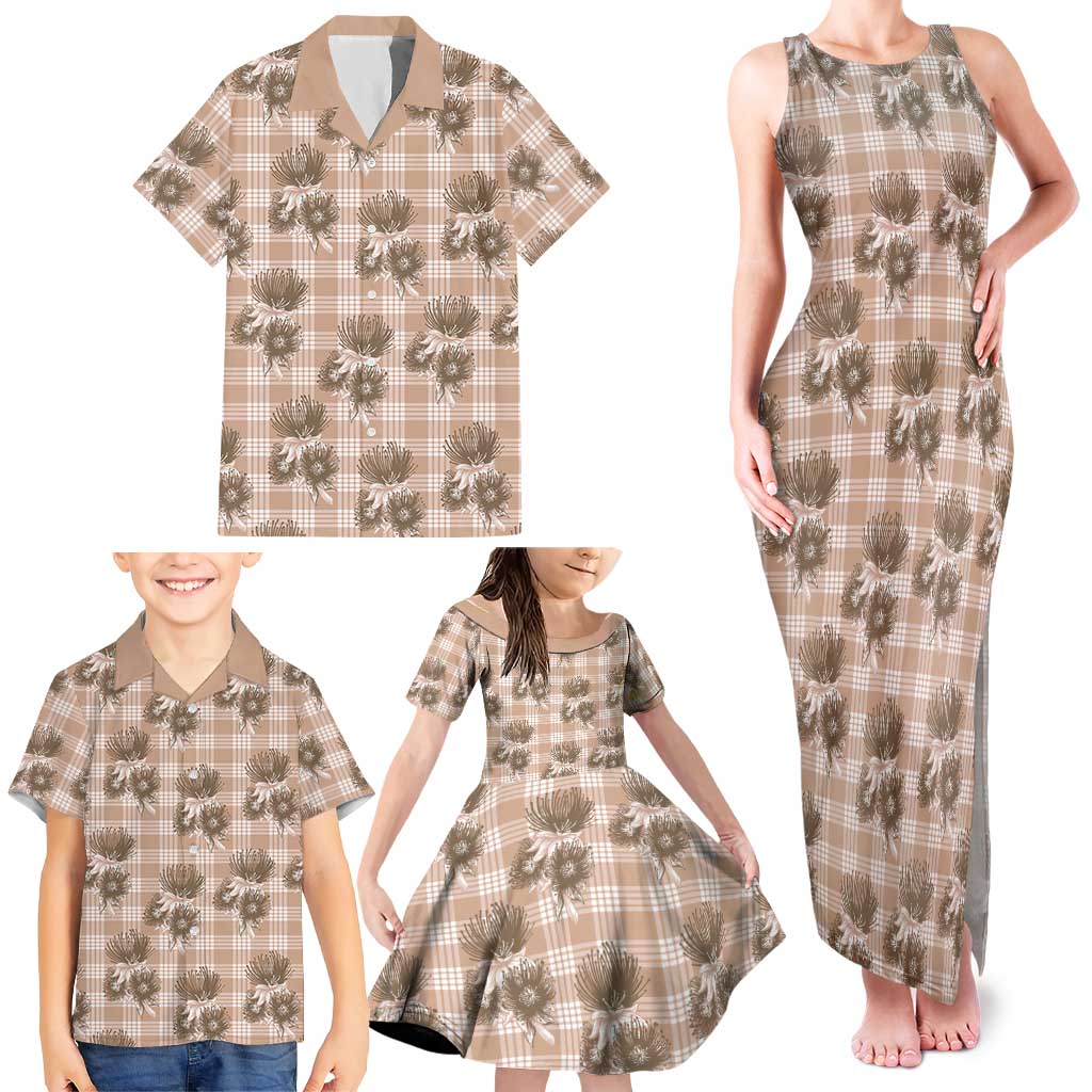 Brown Palaka Hawaii Family Matching Tank Maxi Dress and Hawaiian Shirt Hawaiian Lehua Blossoms