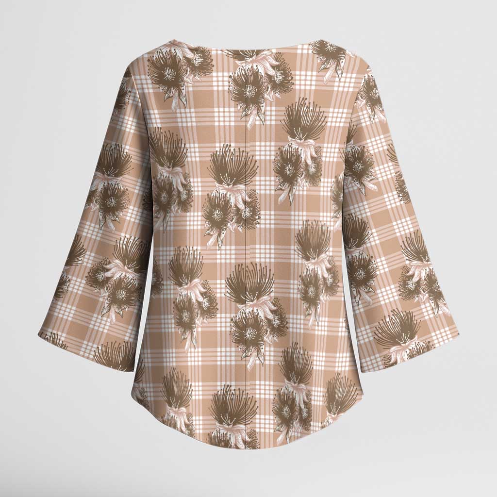 Brown Palaka Hawaii Kimono Sleeve Blouse Hawaiian Lehua Blossoms LT05 - Polynesian Pride