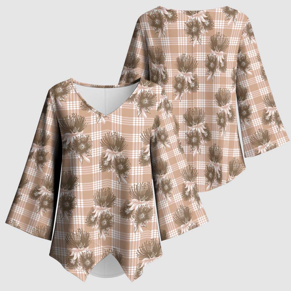Brown Palaka Hawaii Kimono Sleeve Blouse Hawaiian Lehua Blossoms LT05 - Polynesian Pride