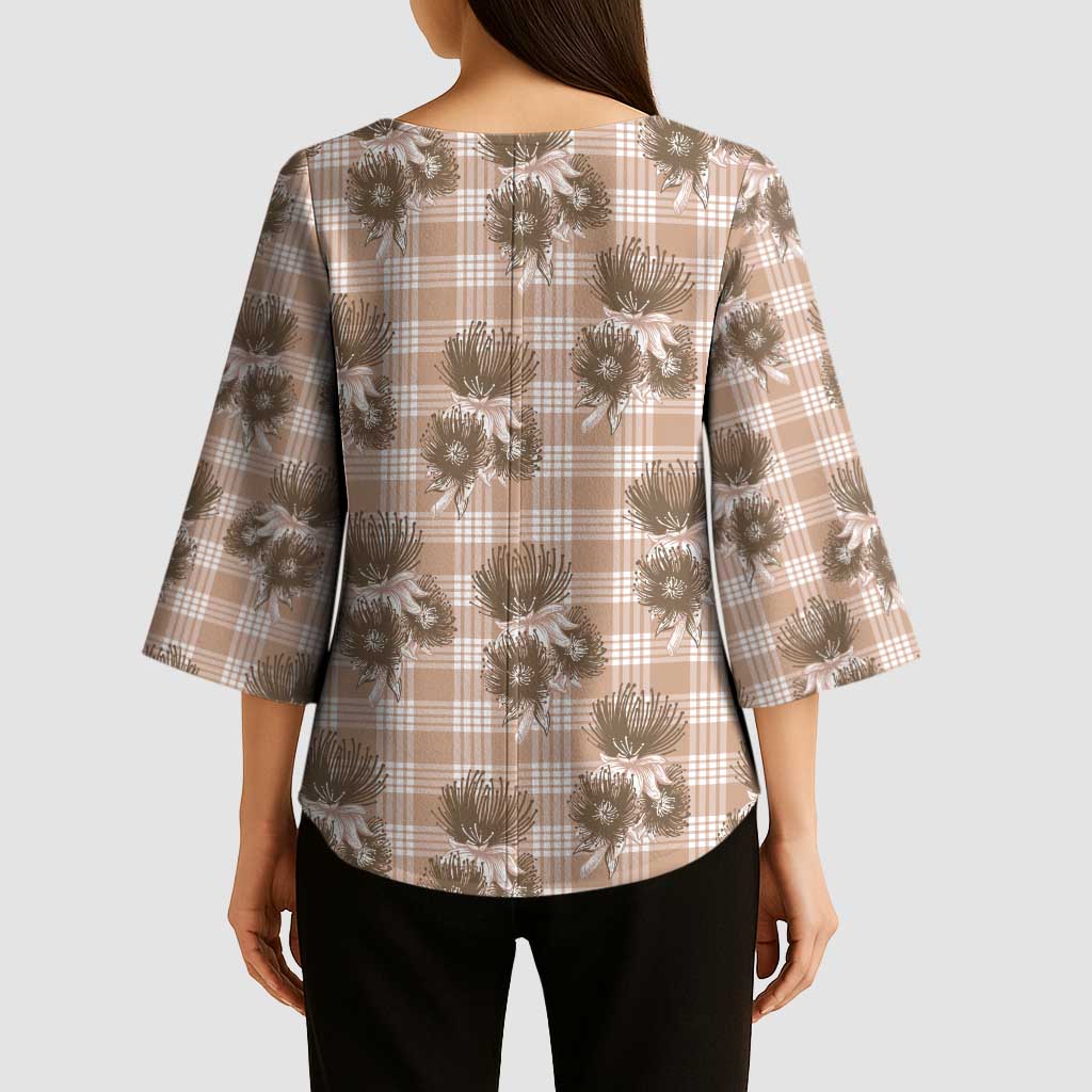 Brown Palaka Hawaii Kimono Sleeve Blouse Hawaiian Lehua Blossoms LT05 - Polynesian Pride
