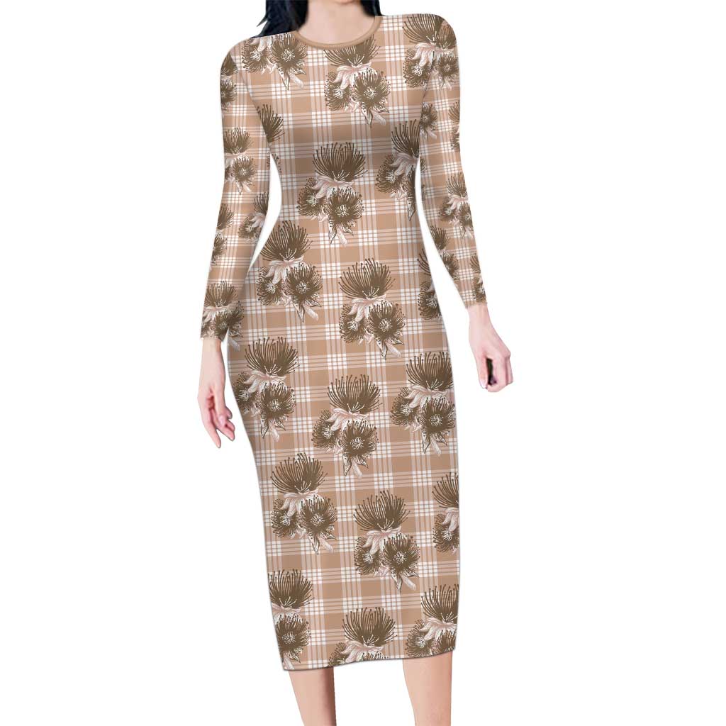 Brown Palaka Hawaii Long Sleeve Bodycon Dress Hawaiian Lehua Blossoms LT05 Long Dress Brown - Polynesian Pride