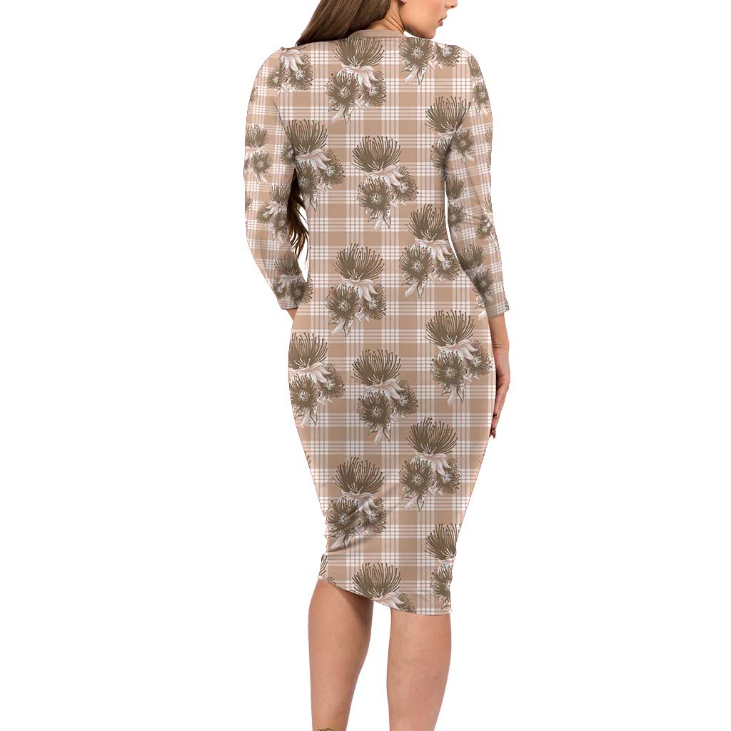 Brown Palaka Hawaii Long Sleeve Bodycon Dress Hawaiian Lehua Blossoms LT05 - Polynesian Pride