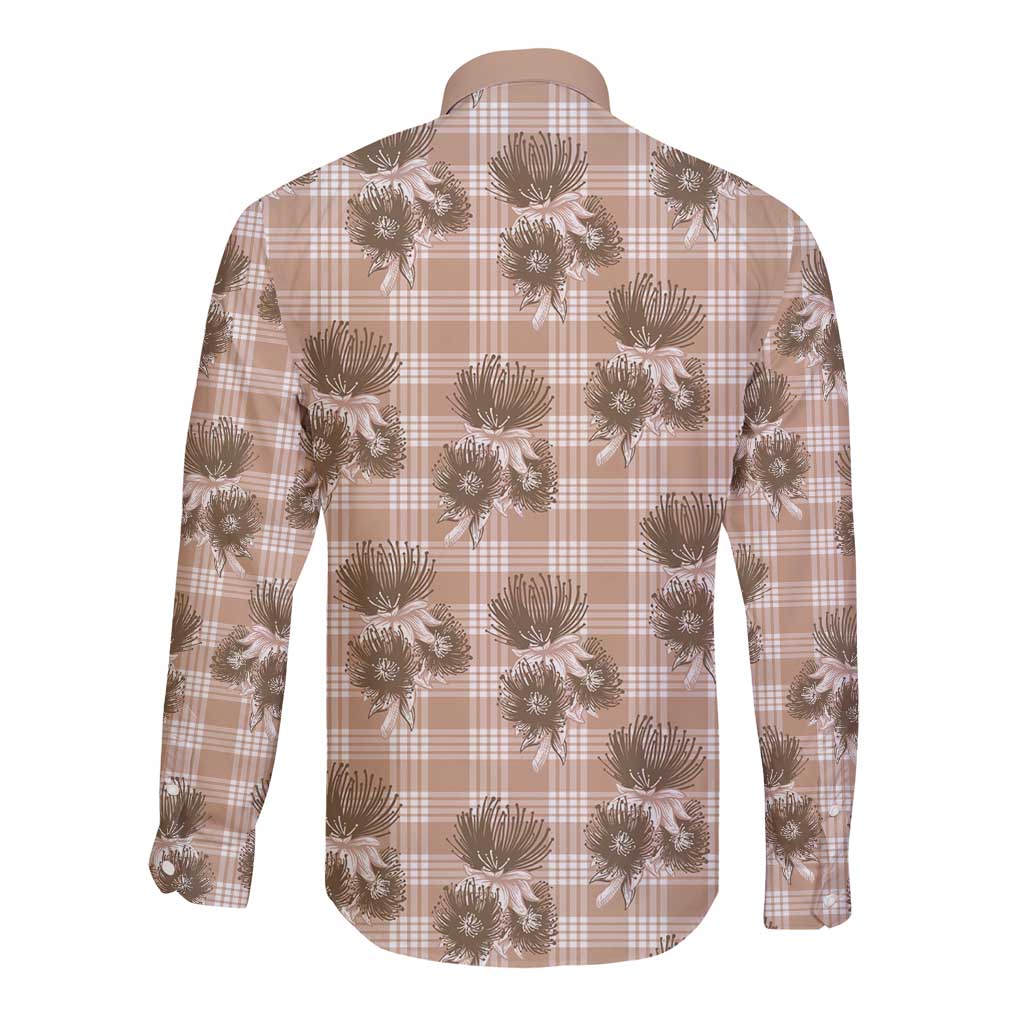 Brown Palaka Hawaii Long Sleeve Button Shirt Hawaiian Lehua Blossoms LT05 - Polynesian Pride