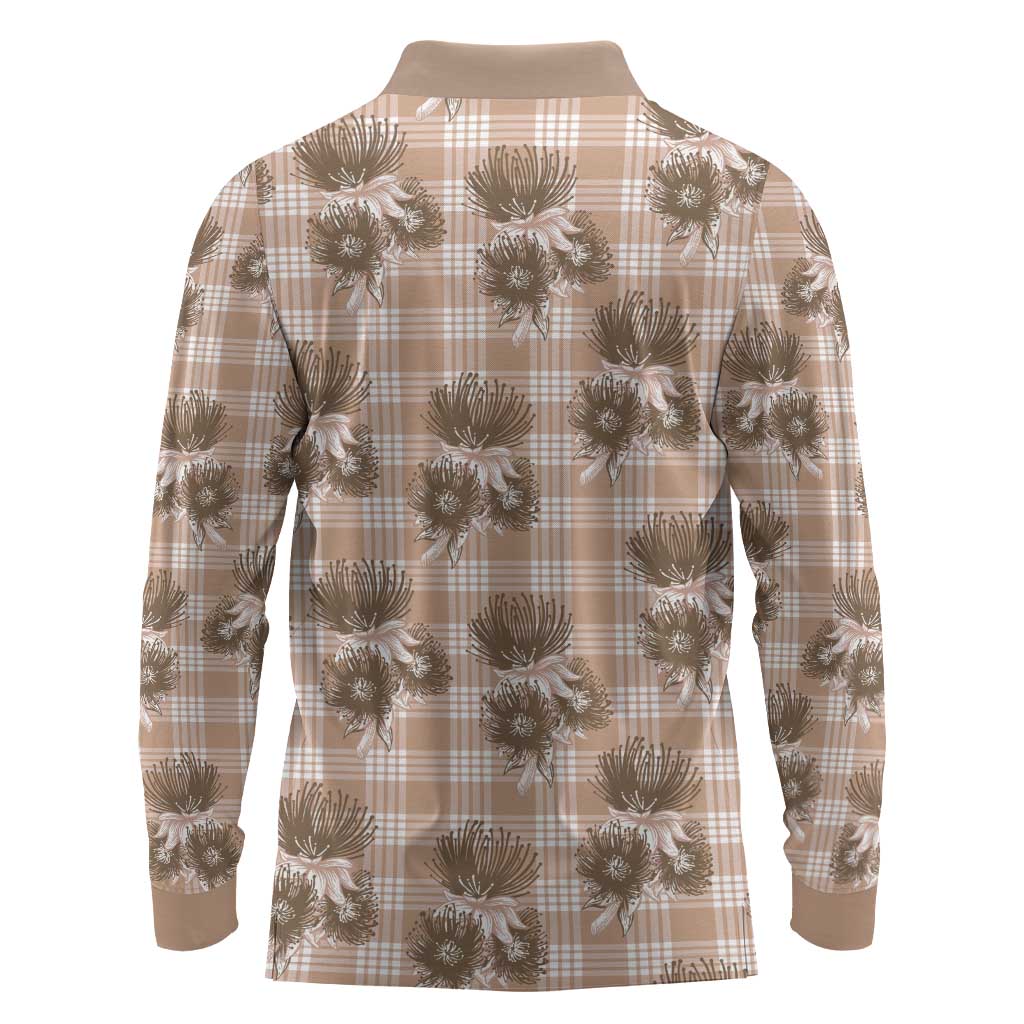 Brown Palaka Hawaii Long Sleeve Polo Shirt Hawaiian Lehua Blossoms LT05 - Polynesian Pride