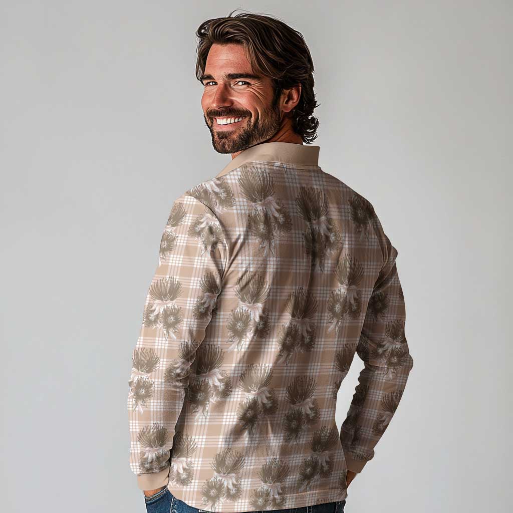 Brown Palaka Hawaii Long Sleeve Polo Shirt Hawaiian Lehua Blossoms LT05 - Polynesian Pride