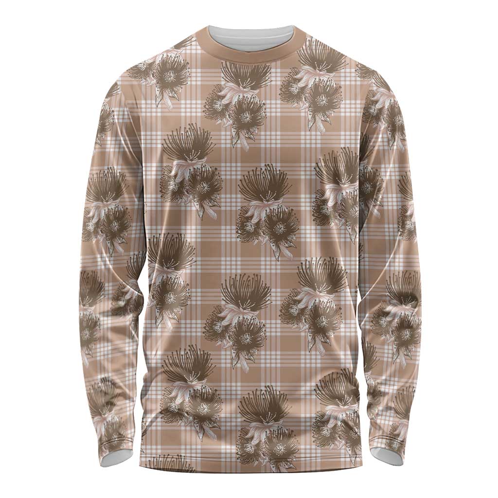 Brown Palaka Hawaii Long Sleeve Shirt Hawaiian Lehua Blossoms LT05 Unisex Brown - Polynesian Pride